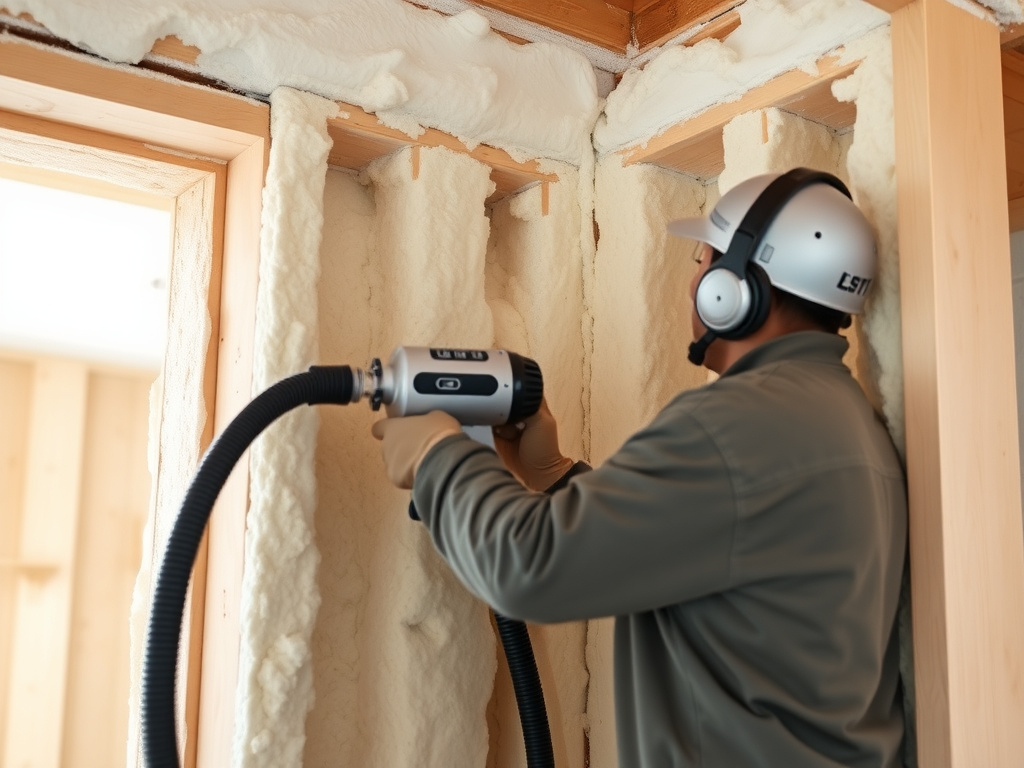 Technician applying dense closed-cell spray foam to a wall stud cavity