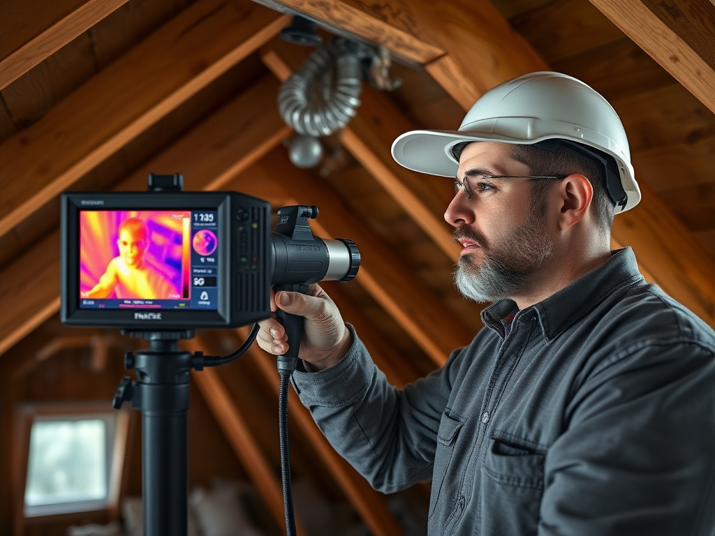 Technician conducting a home energy audit with a thermal imaging camera
