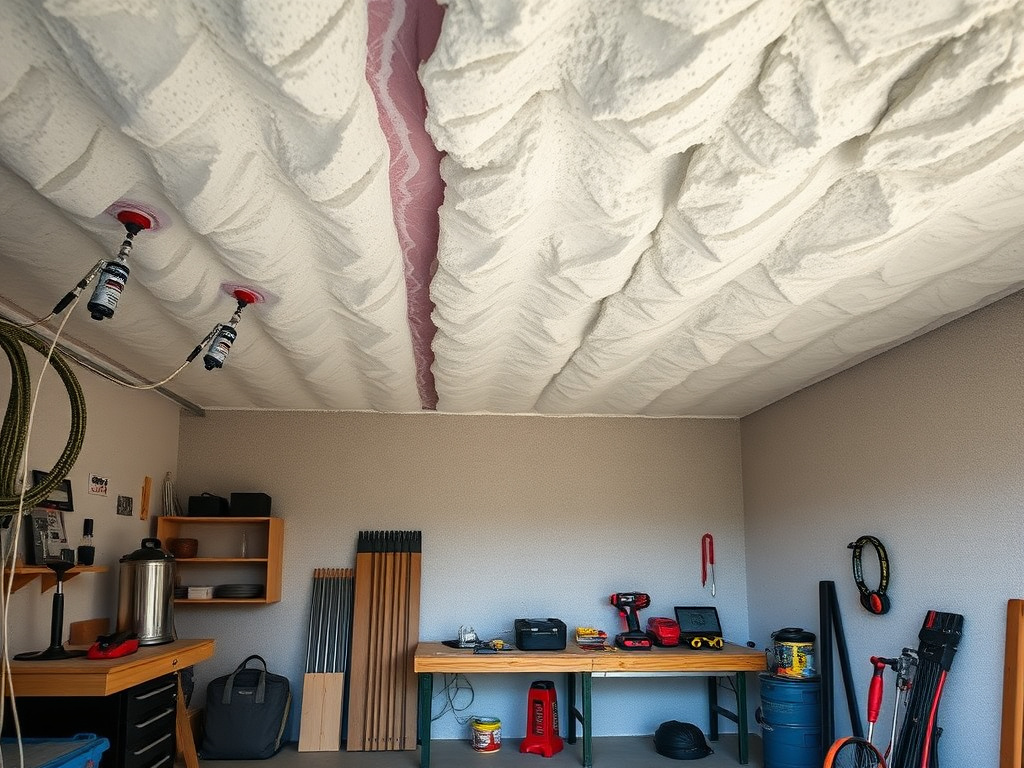 Spray foam insulation applied to a garage ceiling and wall