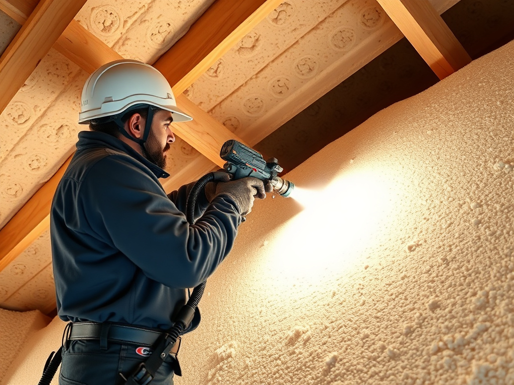 Technician applying open-cell spray foam insulation to an attic roof deck